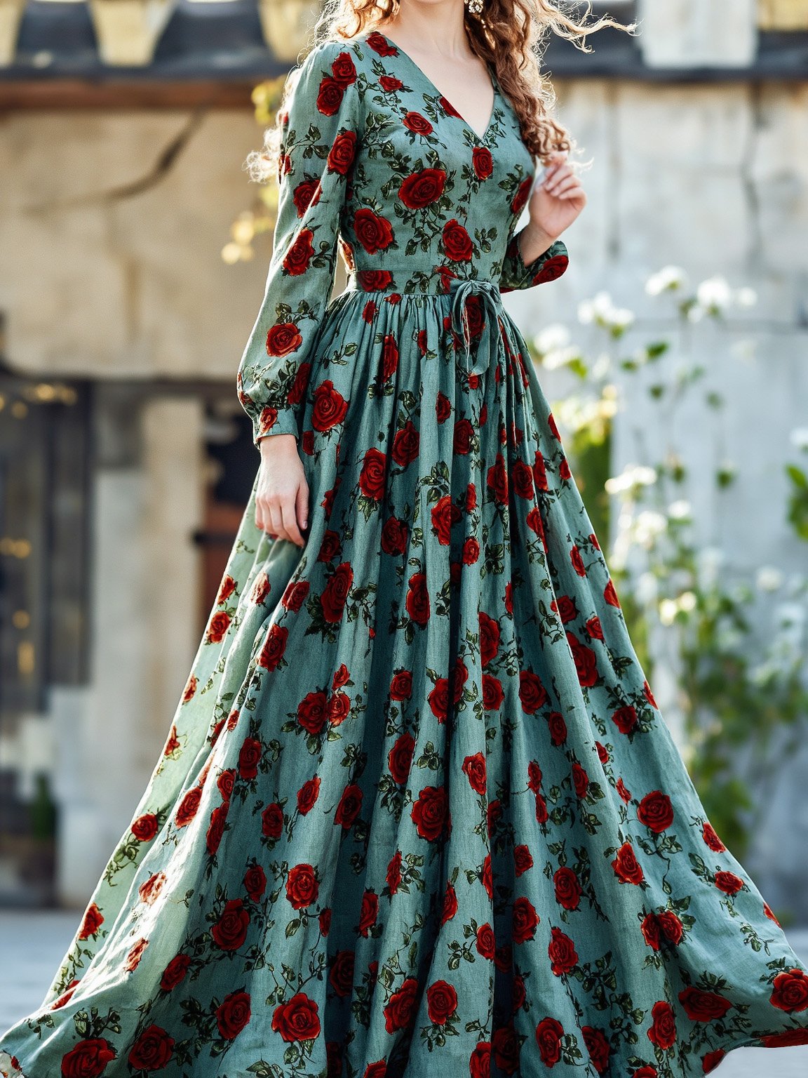 Maxi Linen Dress, Long Sleeves, V Neck, Floral, Belt Design, Vintage, Green - Green
