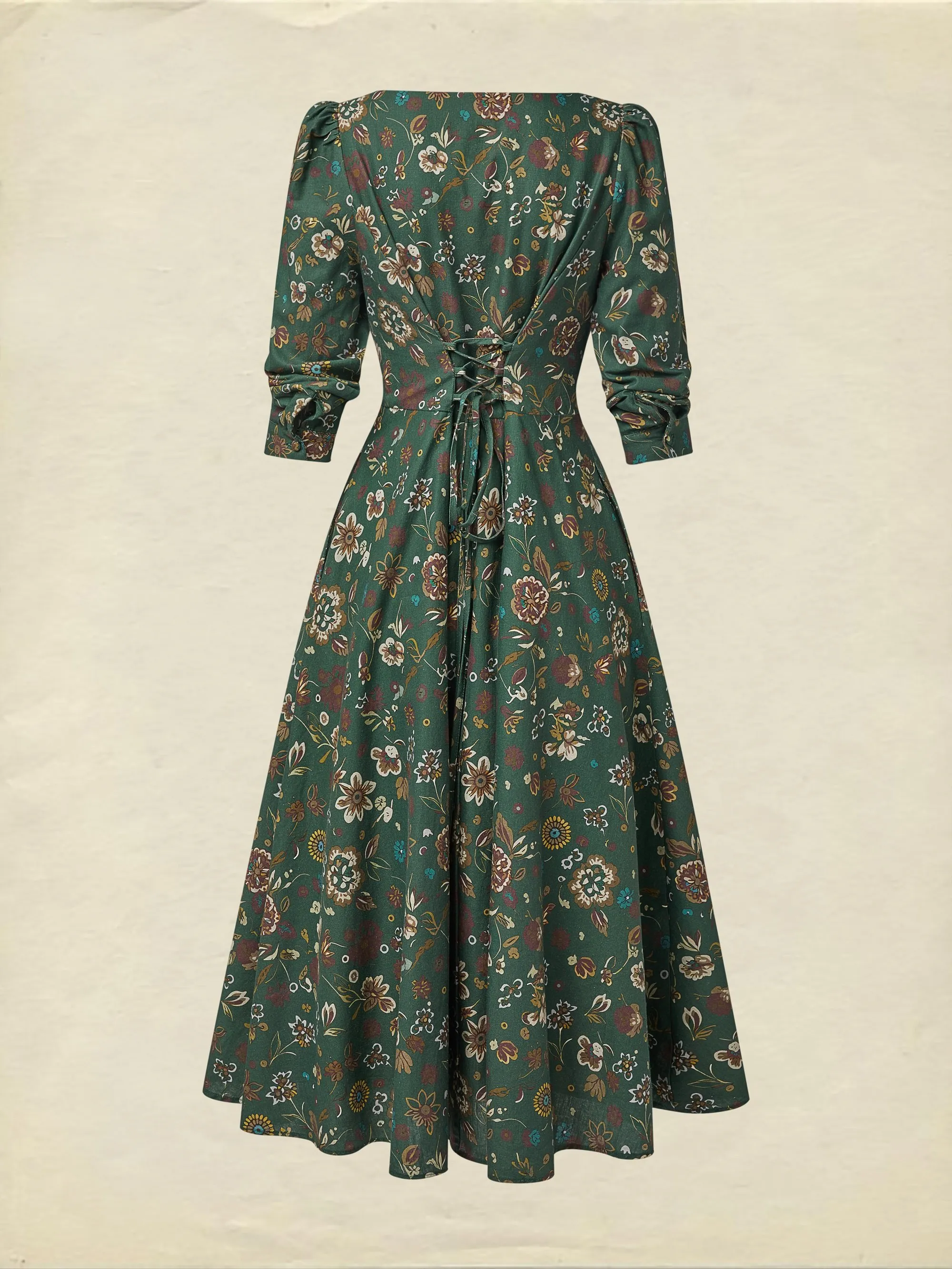 Midi Linen Dress, Long Sleeves, Square Neck, Paisley, Vintage, Green - Green