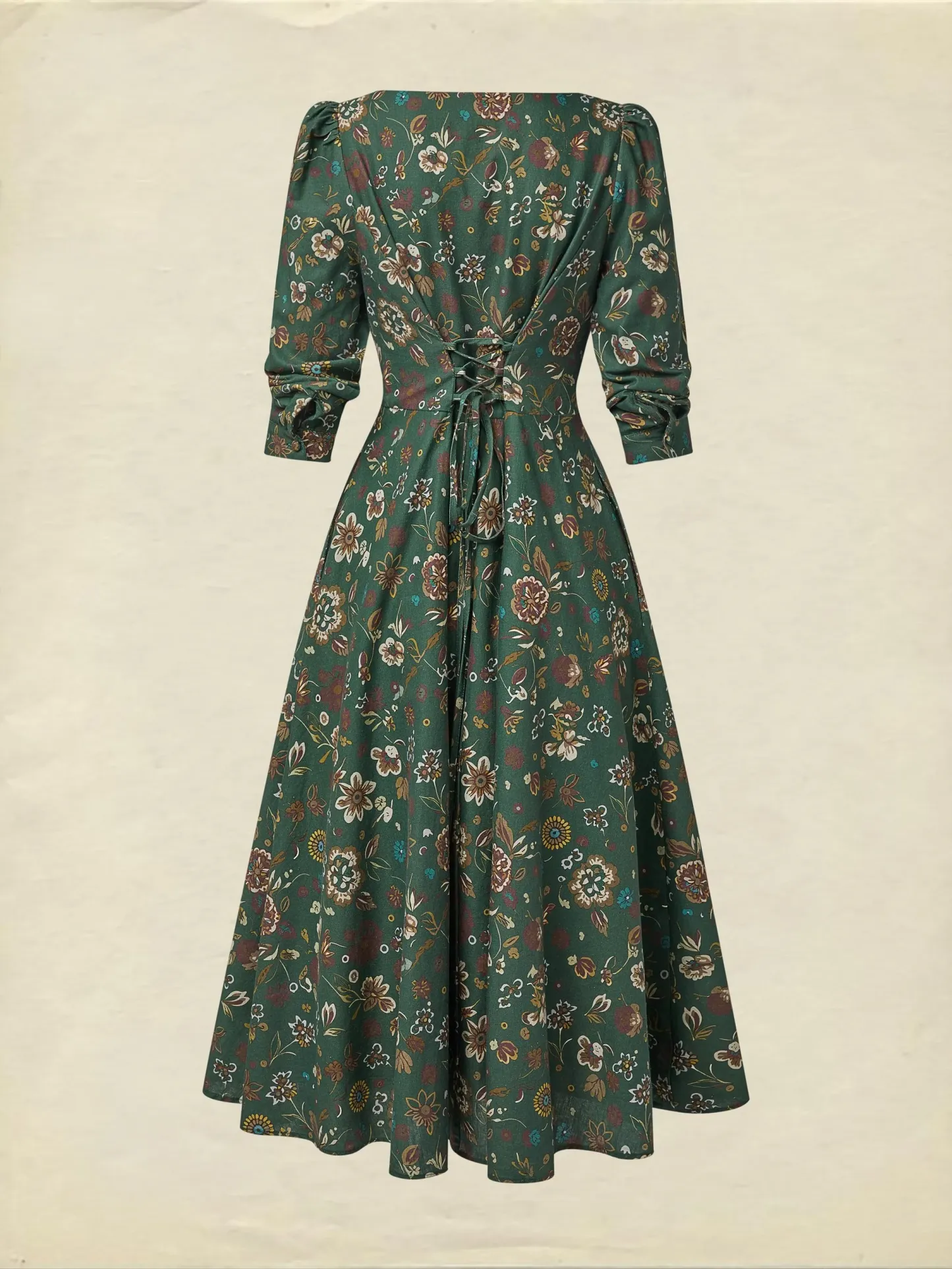 Midi Linen Dress, Long Sleeves, Square Neck, Paisley, Vintage, Green - Green
