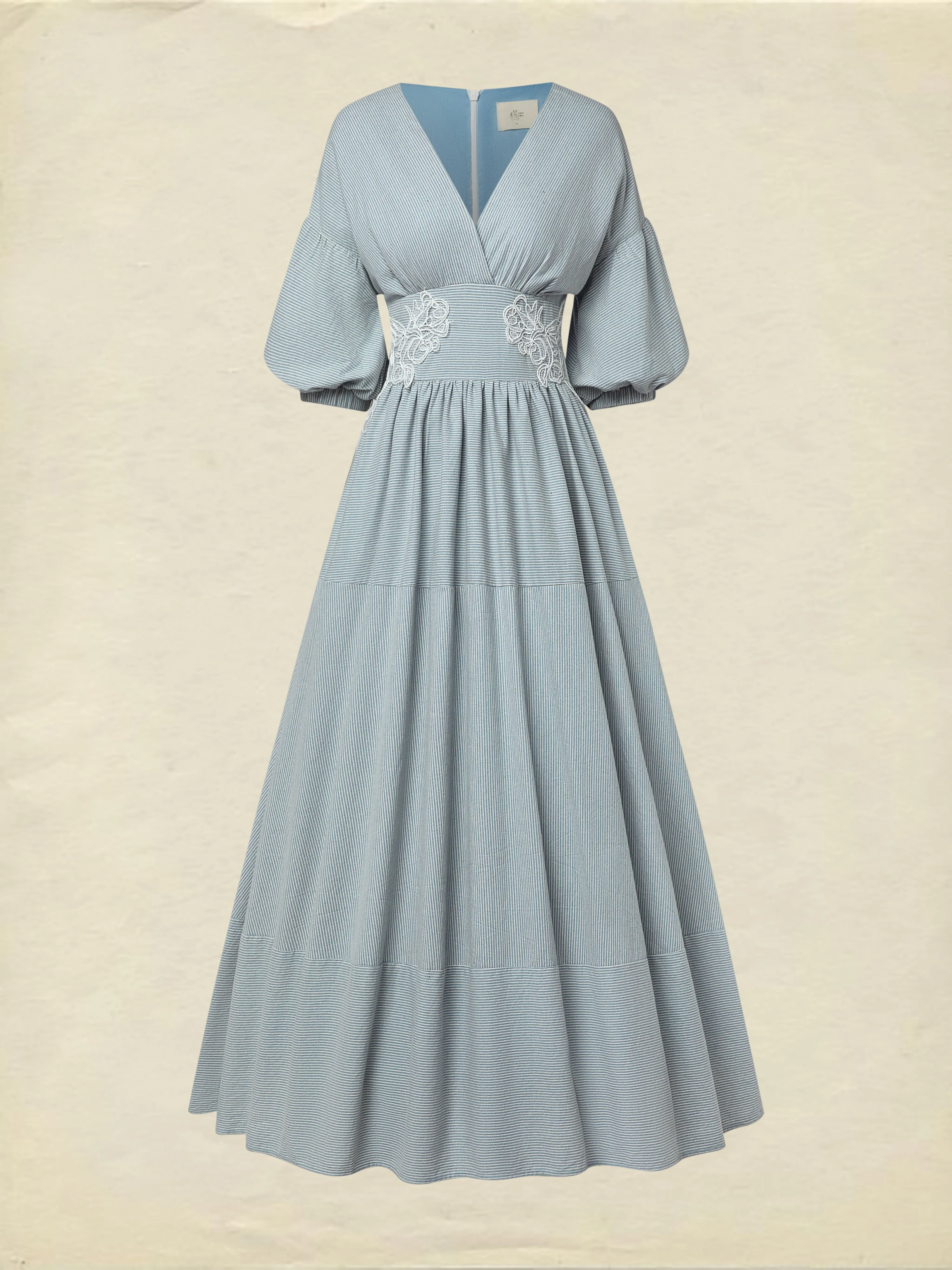 Maxi Cotton Dress, Half Sleeve, V Neck, Plaid, Lace, Vintage, Blue - Blue