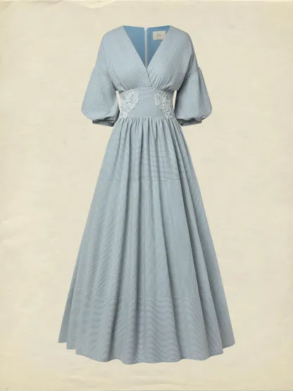 Maxi Cotton Dress, Half Sleeve, V Neck, Plaid, Lace, Vintage, Blue - Blue