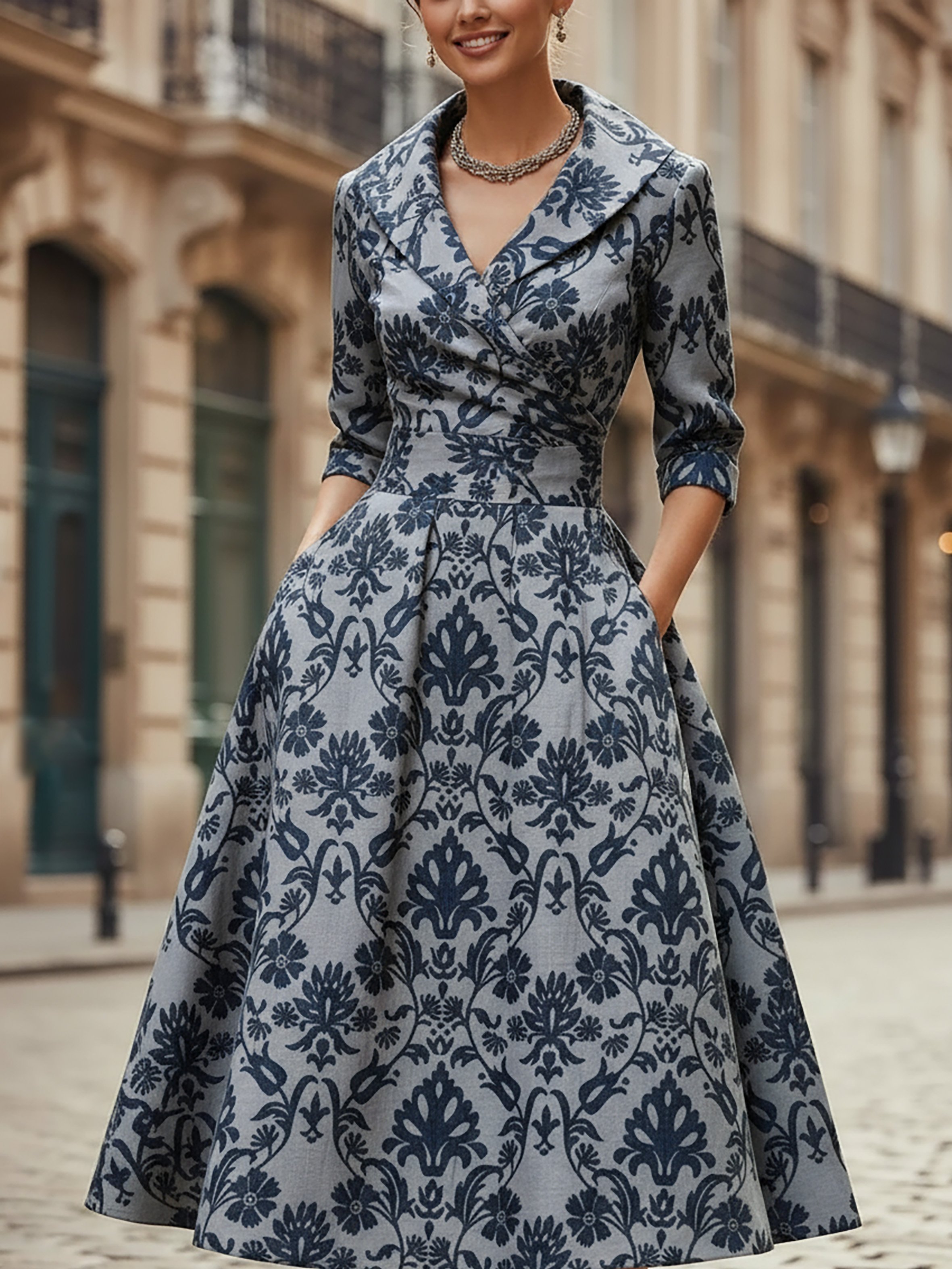 Midi Linen Dress, Half Sleeve, Shawl Collar, Paisley, Pocket Design, Vintage, Blue - Blue