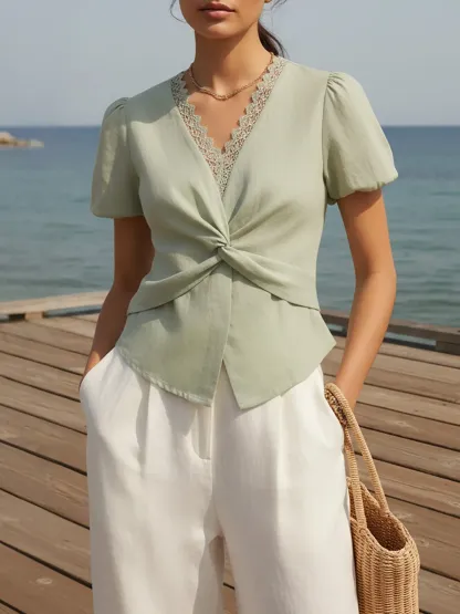 Cotton Shirt, Short Sleeves, V Neck, Plain, Lace, Vacation, Vintage, Green - Green