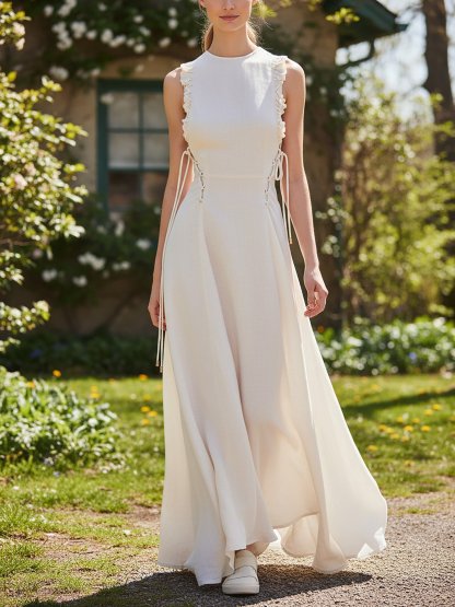 Maxi Linen Dress, Sleeveless, Round Neck, Plain, Ruffles, French Vintage, White - White