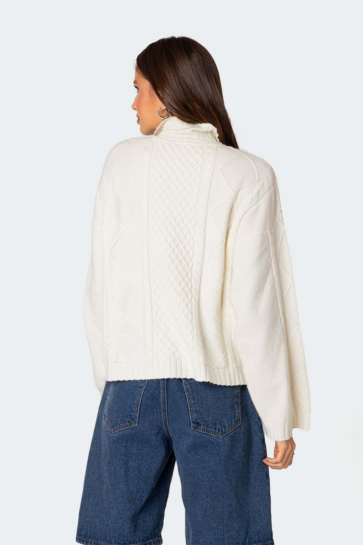 Oversized Quarter Zip Cable Knit Sweater - CREAM
