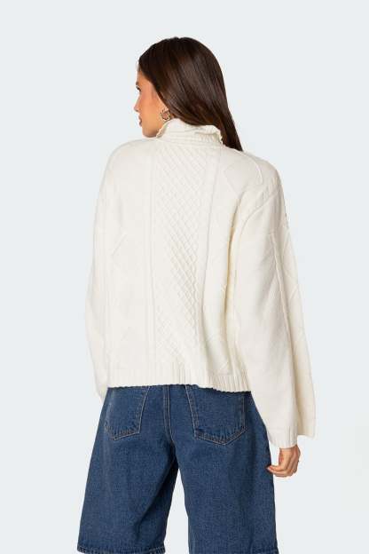 Oversized Quarter Zip Cable Knit Sweater - CREAM