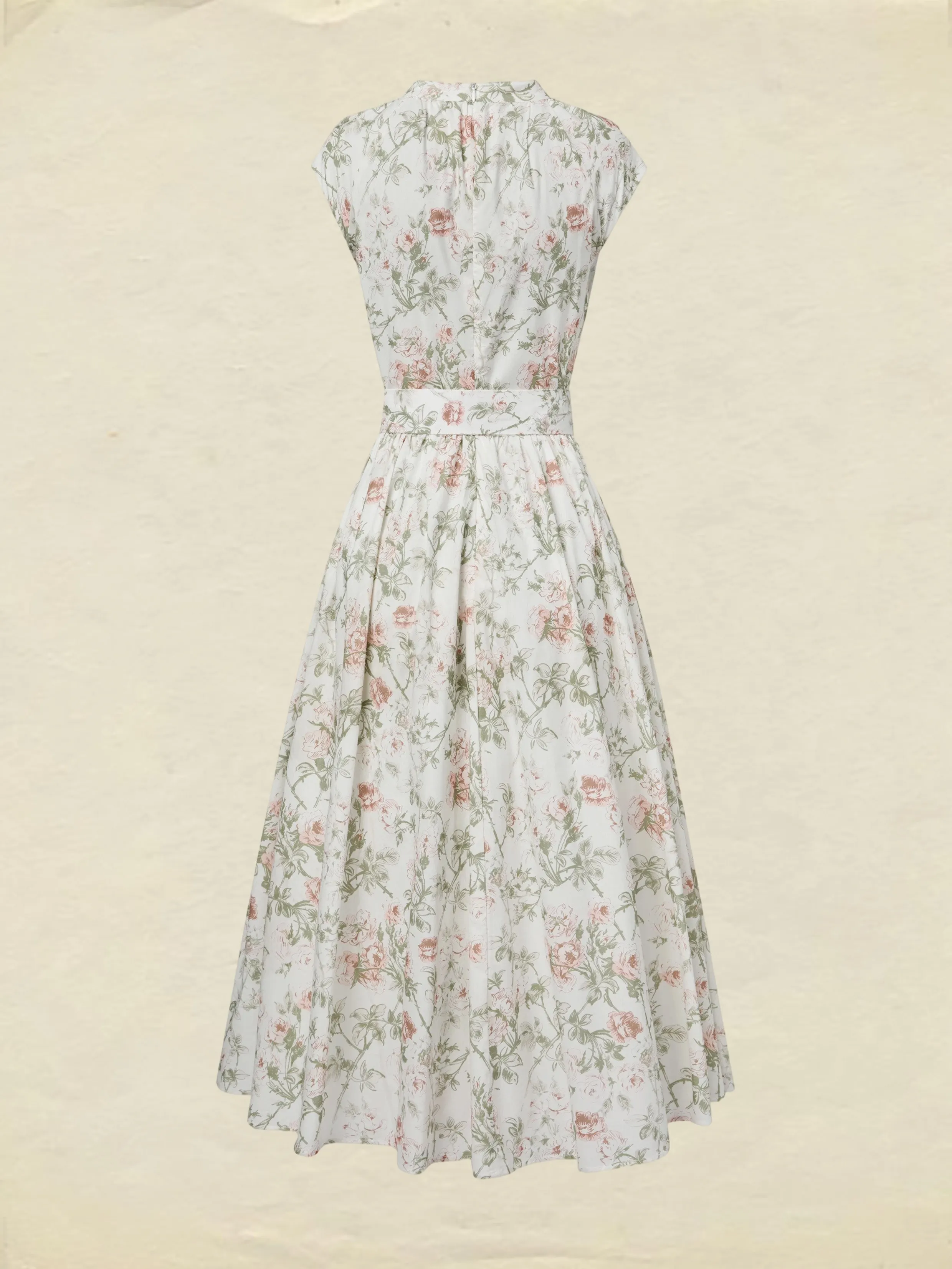 Midi Cotton Dress, Cap Sleeves, Round Neck, Floral, Belt Design, Vintage, Apricot - Apricot