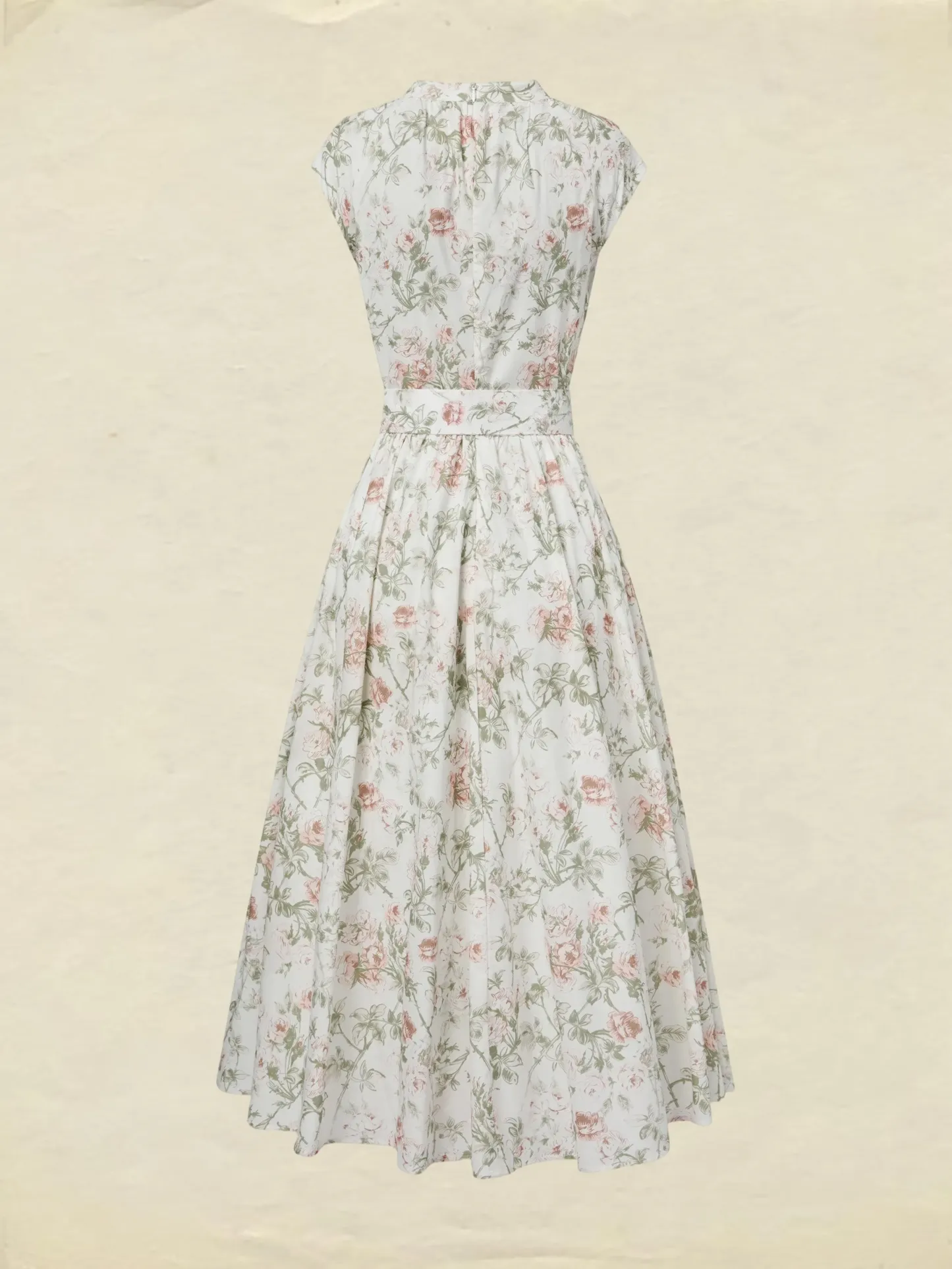 Midi Cotton Dress, Cap Sleeves, Round Neck, Floral, Belt Design, Vintage, Apricot - Apricot