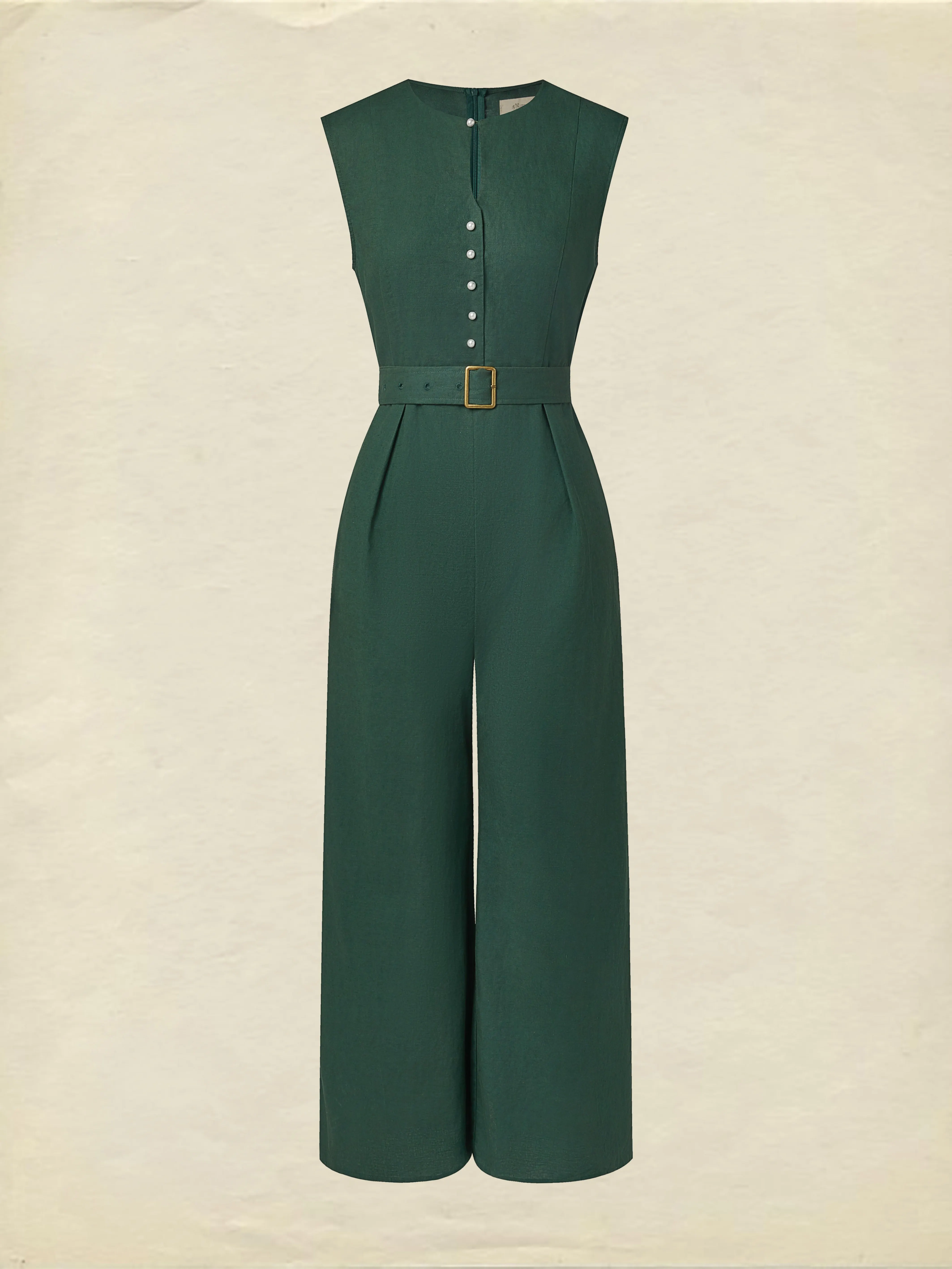 Linen Jumpsuit , Sleeveless, V Neck, Plain, Button Design, Vintage, Green - Green