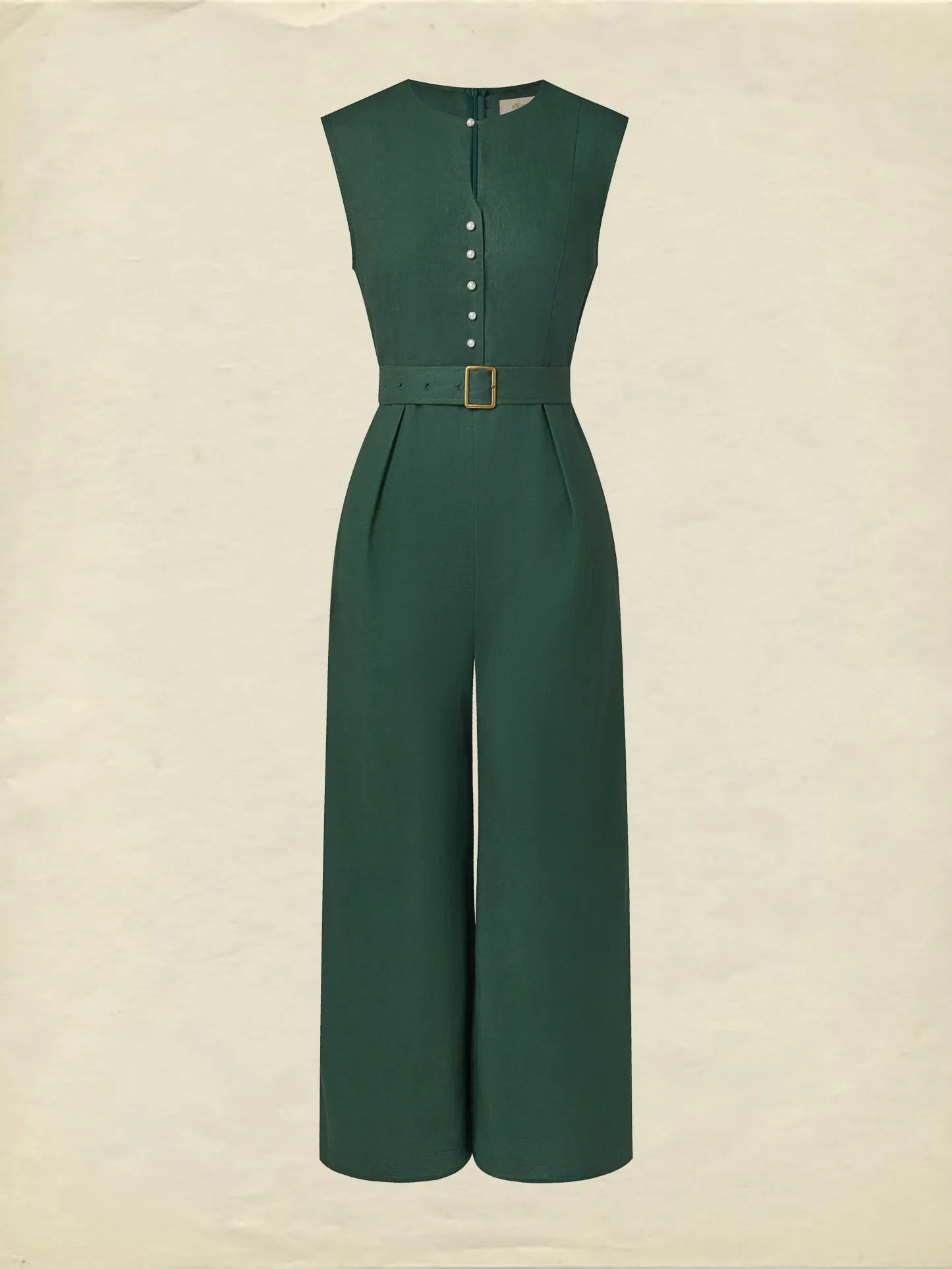 Linen Jumpsuit , Sleeveless, V Neck, Plain, Button Design, Vintage, Green - Green