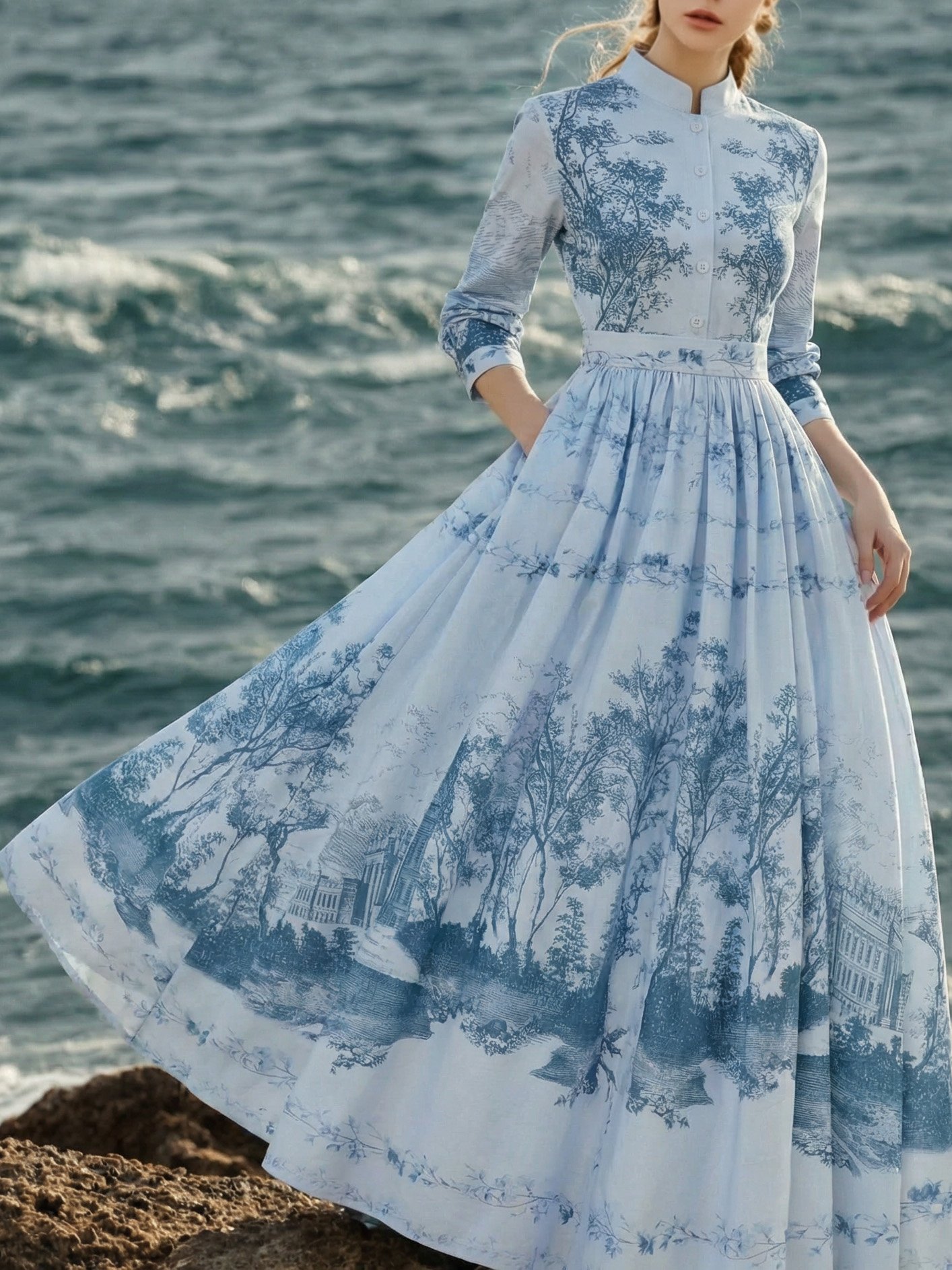 Maxi Cotton Dress, Long Sleeves, Stand Collar, Floral, Pocket Design, Vintage, Blue - Blue
