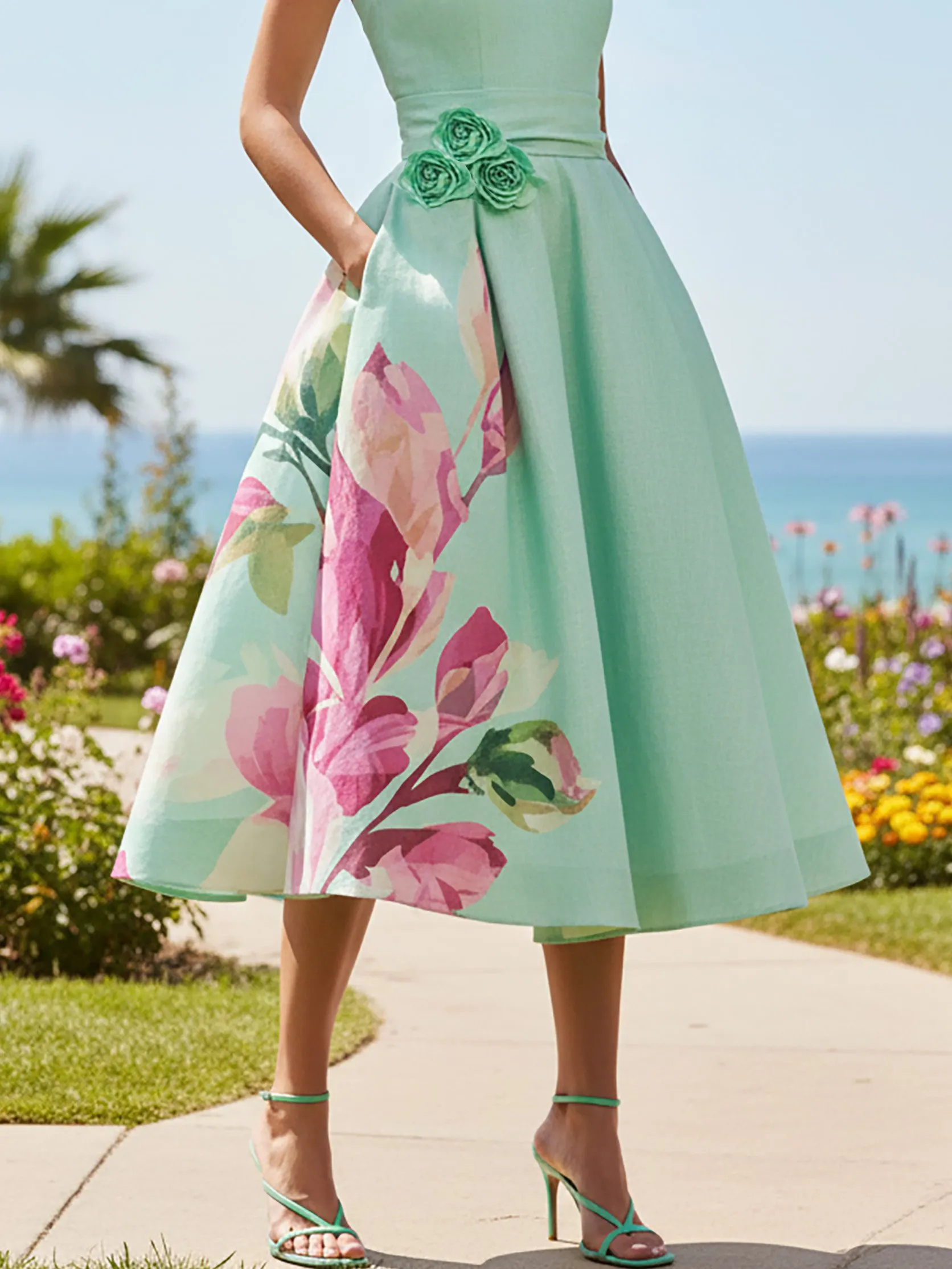 Midi Linen Dress, Sleeveless, Round Neck, Floral, 3D Floral, Vacation, Vintage, mint - mint