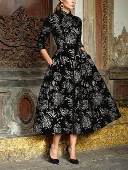Midi Linen Dress, Half Sleeve, Stand Collar, Paisley, Floral, Pocket Design, Vintage, Black - Black