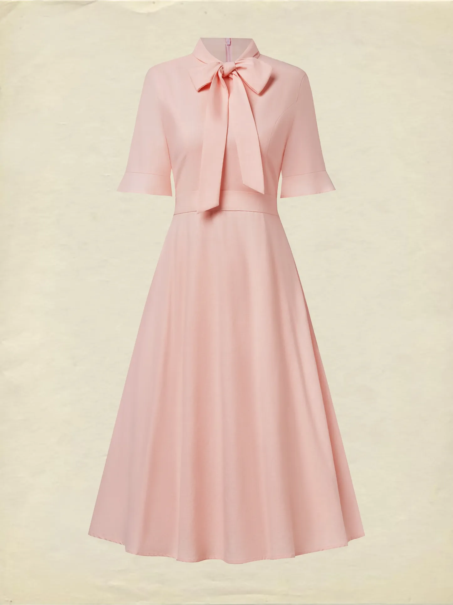 Midi Linen Dress , Half Sleeve, Round Neck, Plain, Bow, French Vintage, Light Pink - Light Pink