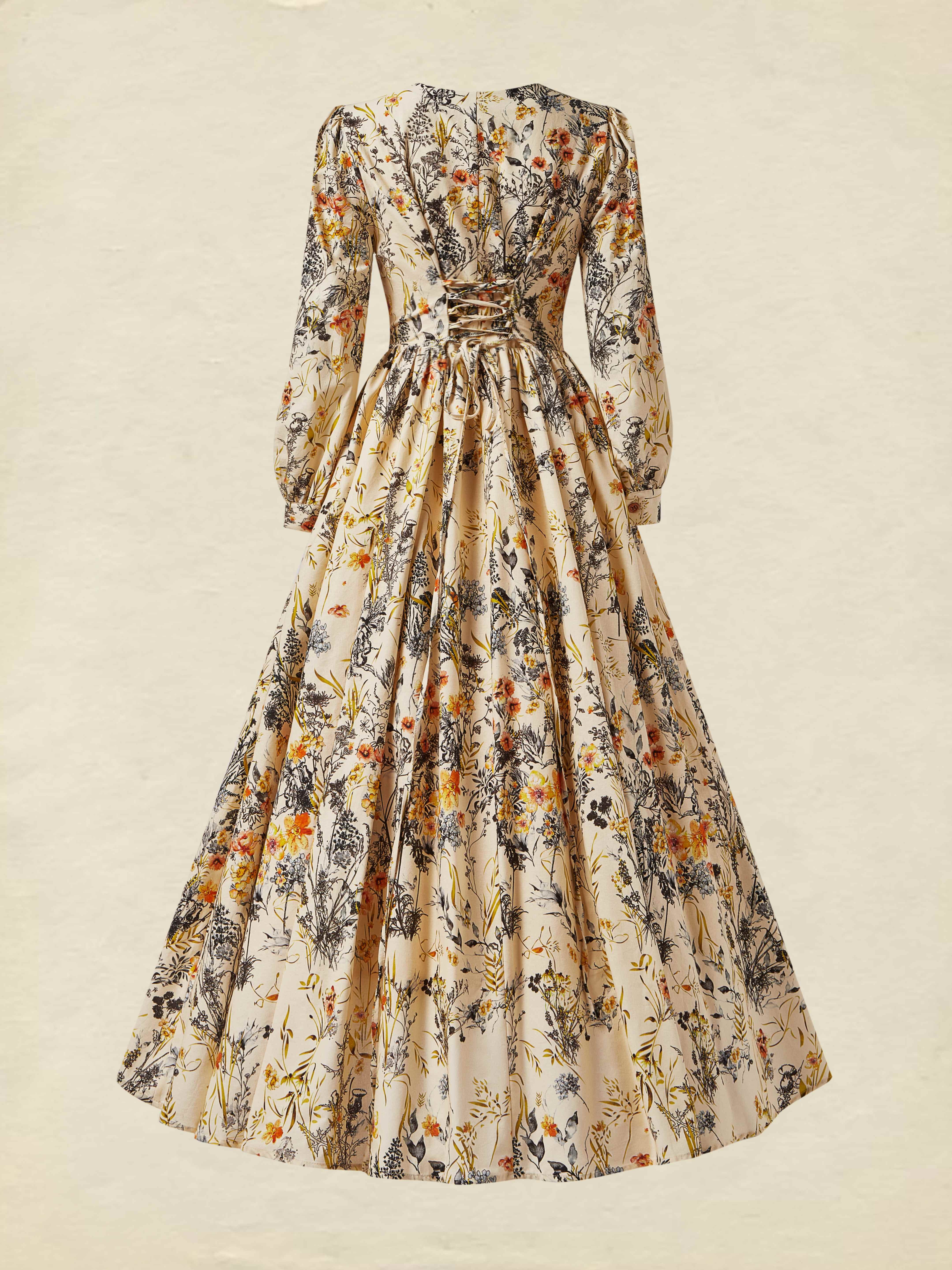 Linen Maxi Dress, Long Sleeves, V Neck, Floral, Apricot,Daily - Light Khaki
