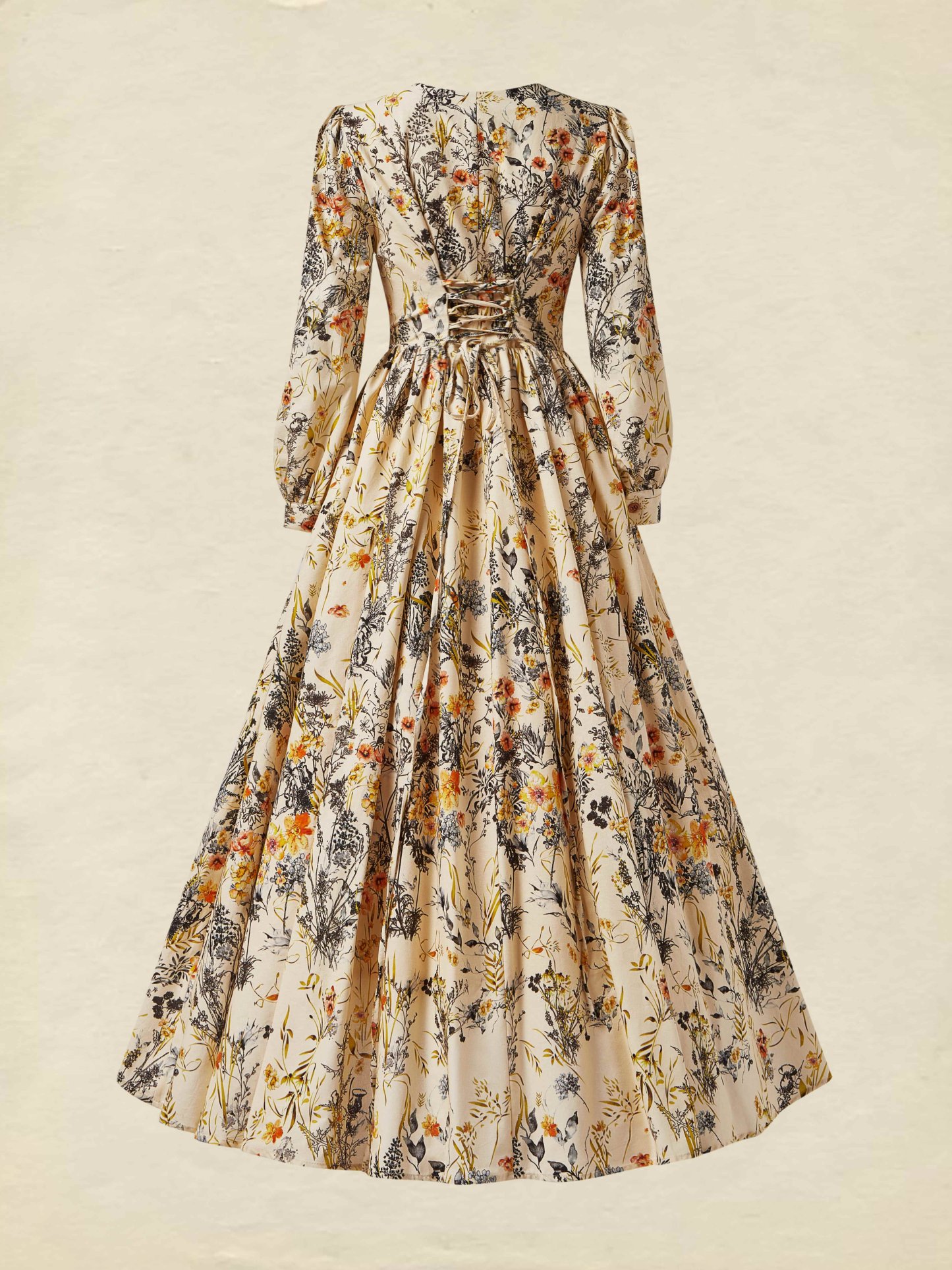 Linen Maxi Dress, Long Sleeves, V Neck, Floral, Apricot,Daily - Light Khaki