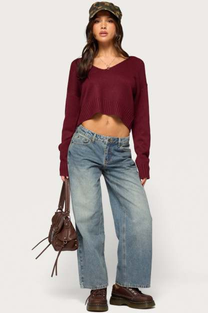 Sandi V Neck Knit Sweater - MAROON