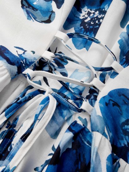 Linen Maxi Dress, Sleeveless, Halter, Floral, Vintage, White - White