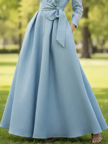 Maxi Linen Dress, Long Sleeves, Shawl Collar, Plain, Belt Design, Vintage, Blue - Blue