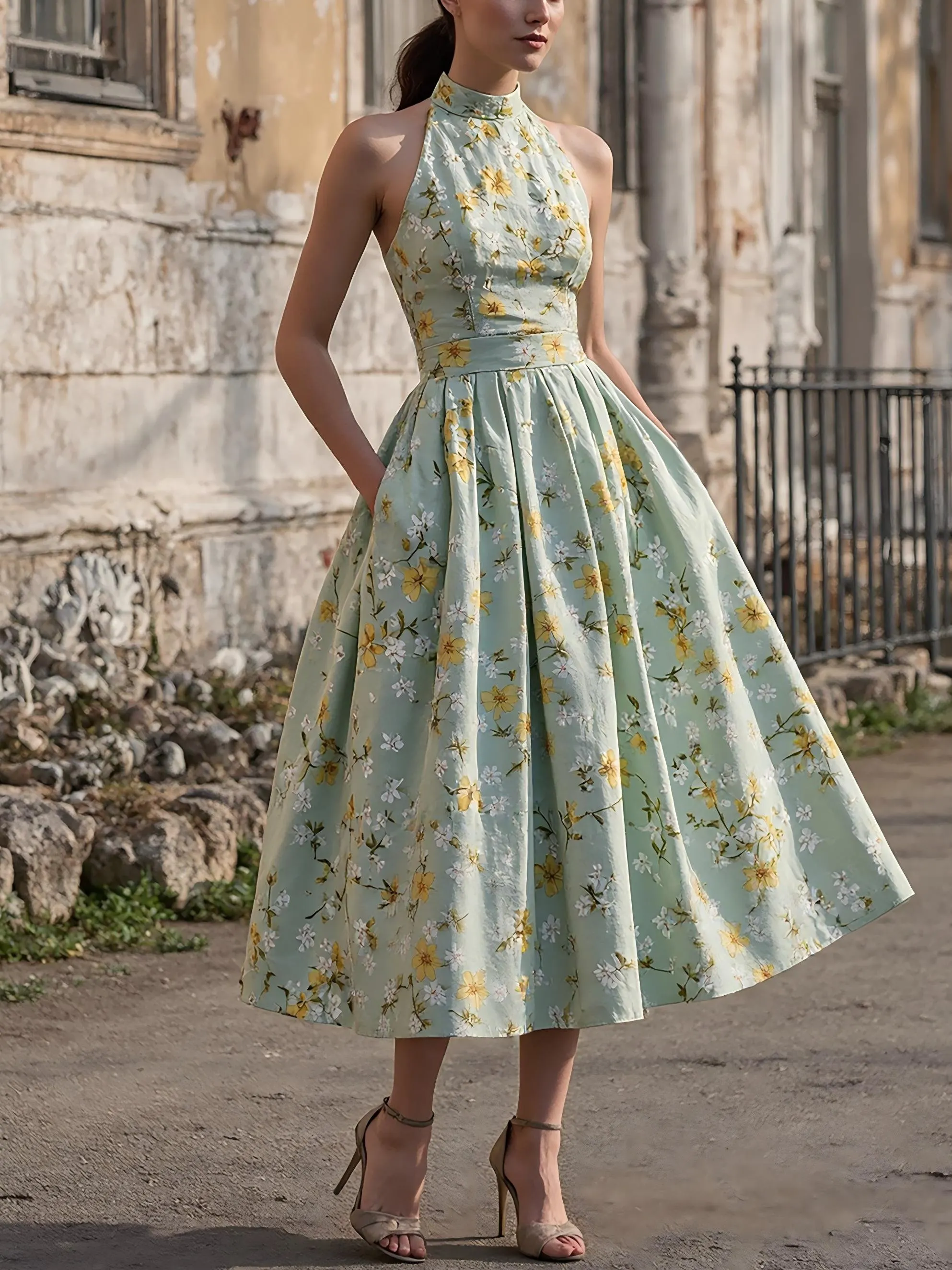 Midi Linen Dress , Sleeveless, Halter, Floral, Pocket Design, Vacation, Vintage, Green - Aqua