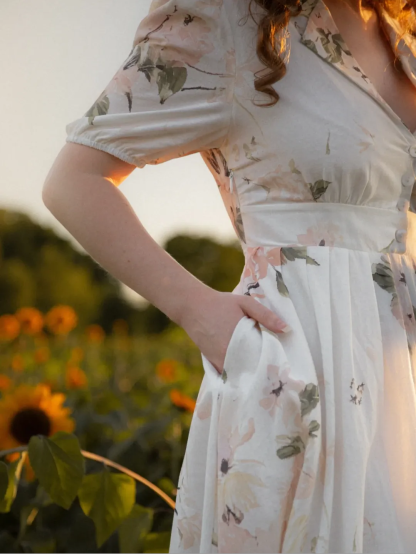 Linen Maxi Dress, Balloon Sleeve, Shawl Collar, Floral, Vintage, White - White