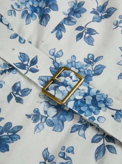 Maxi Linen Dress , Sleeveless, Round Neck, Floral, Belt Design, Vacation, Vintage, Blue - Blue