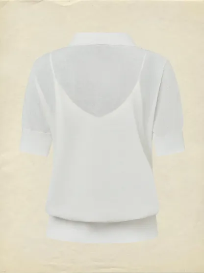 Sweater, Short Sleeves, Shawl Collar, Floral, Button Design, Inner Vest Not Included, White - White