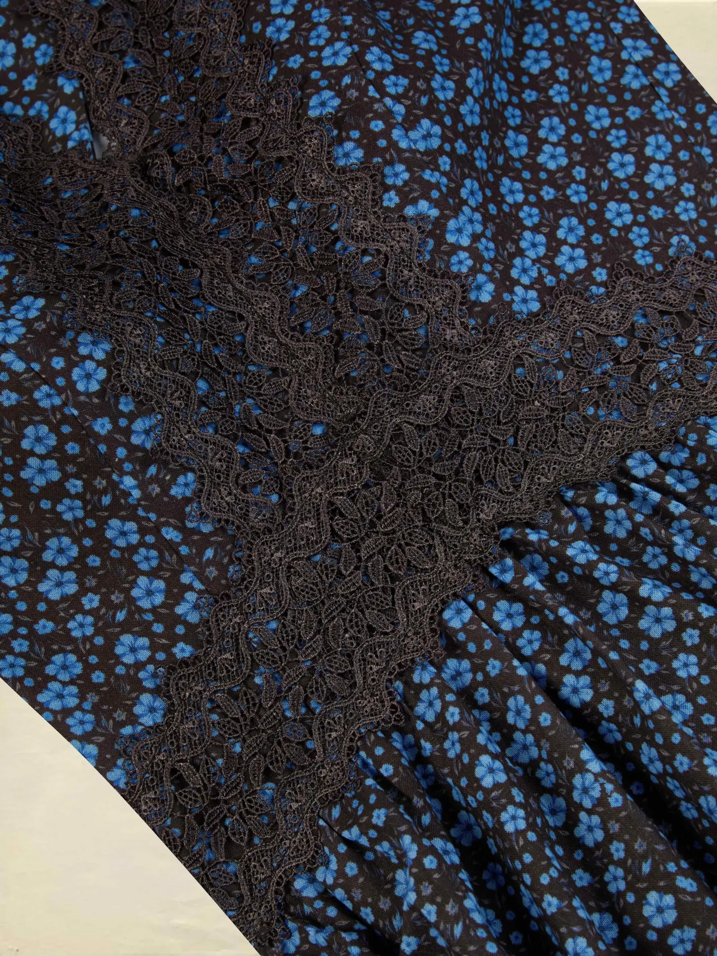 Maxi Cotton Dress, Sleeveless, V Neck, Floral, Lace, Vintage, Blue - Blue