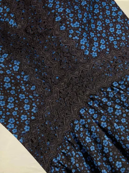 Maxi Cotton Dress, Sleeveless, V Neck, Floral, Lace, Vintage, Blue - Blue