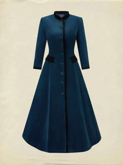 Midi Cotton Dress, Half Sleeve, Stand Collar, Plain, Button Design, Vintage, Deep Blue - Deep Blue