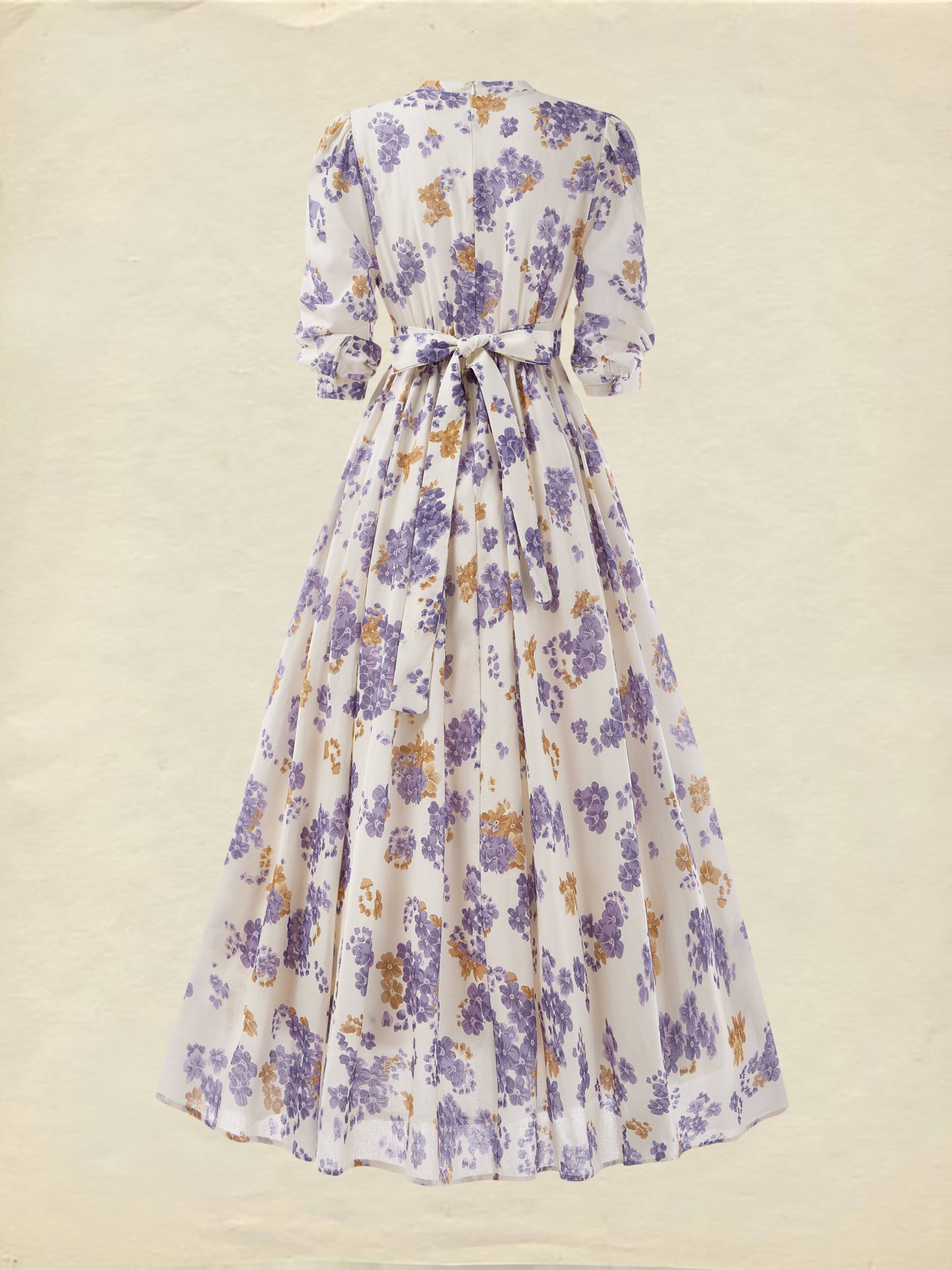 Maxi Linen Dress, Casual, Floral, Pocket Stitching, Crew Neck, Belt, Half Sleeve, Purple, Vintage - Purple