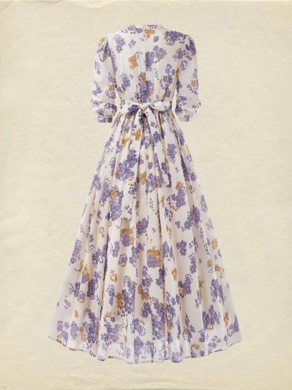 Maxi Linen Dress, Casual, Floral, Pocket Stitching, Crew Neck, Belt, Half Sleeve, Purple, Vintage - Purple