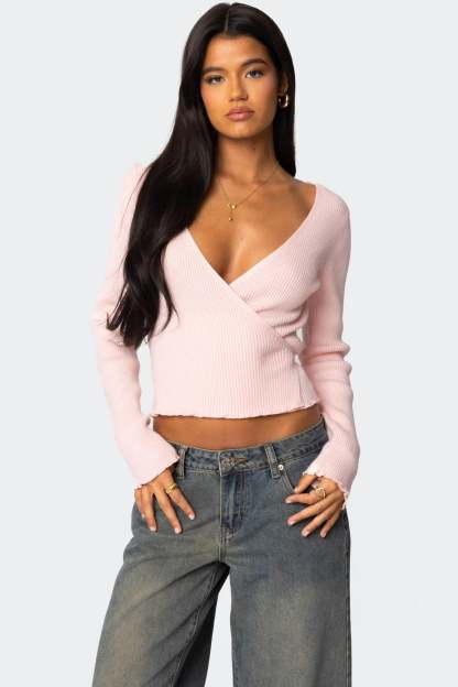 Paden Ribbed Knit Wrap Top - LIGHT PINK