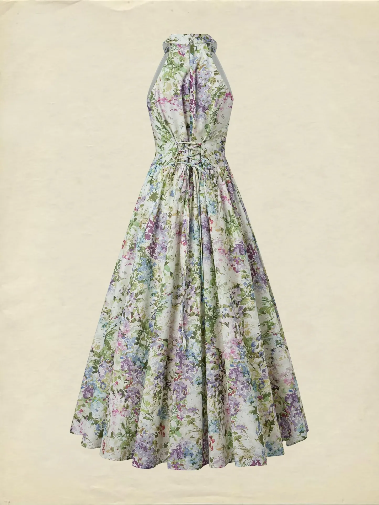 Maxi Cotton Dress, Sleeveless, Halter, Floral, Vacation, Vintage, White - White