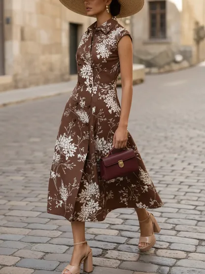 Midi Linen Dress, Sleeveless, Shawl Collar, Floral, Button Design, Vintage, Brown - Brown