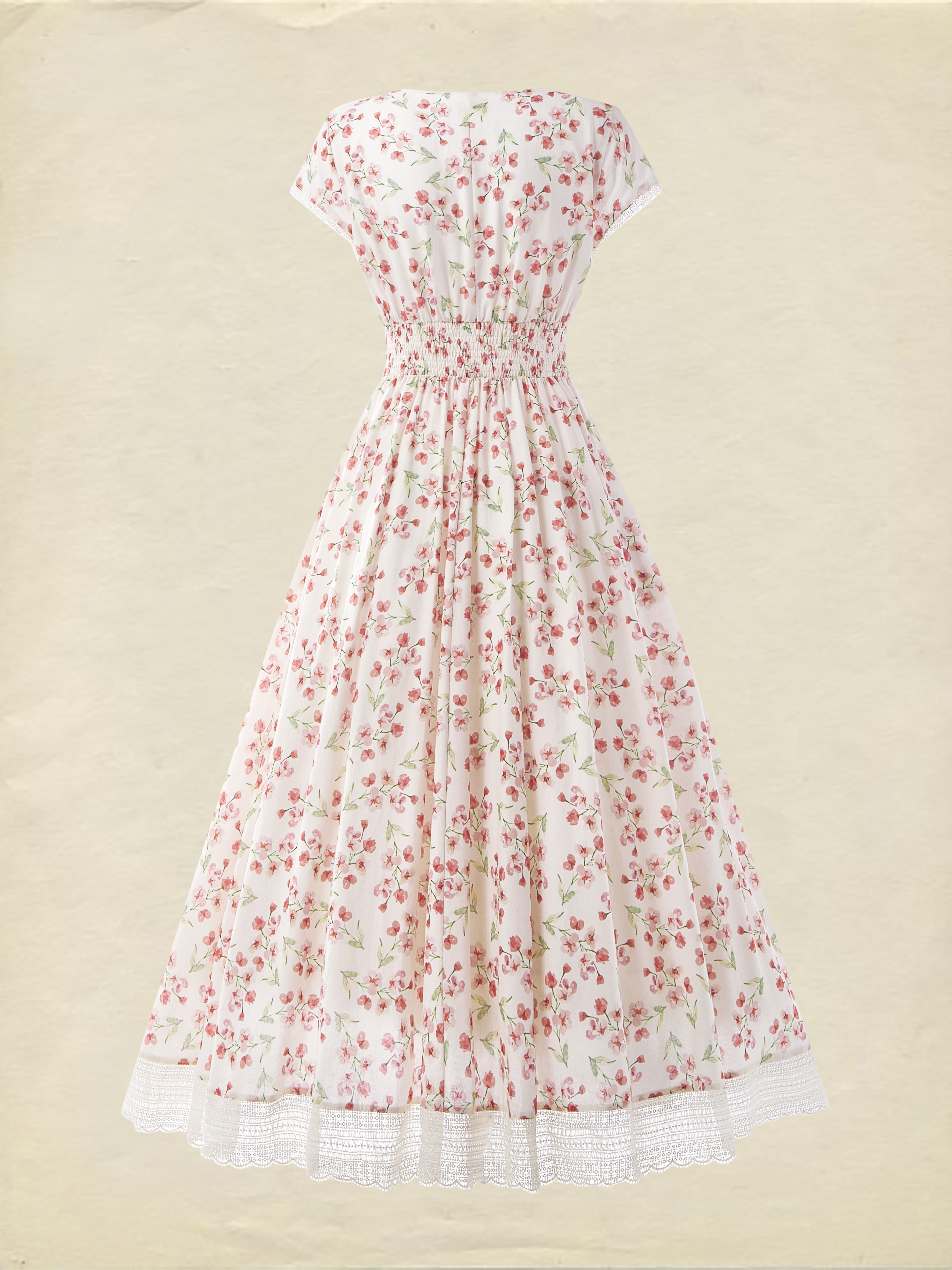 (SIZE:XS-XXL) Linen Maxi Dress, Short Sleeve, Lace Collar, Floral, Vintage, White - White