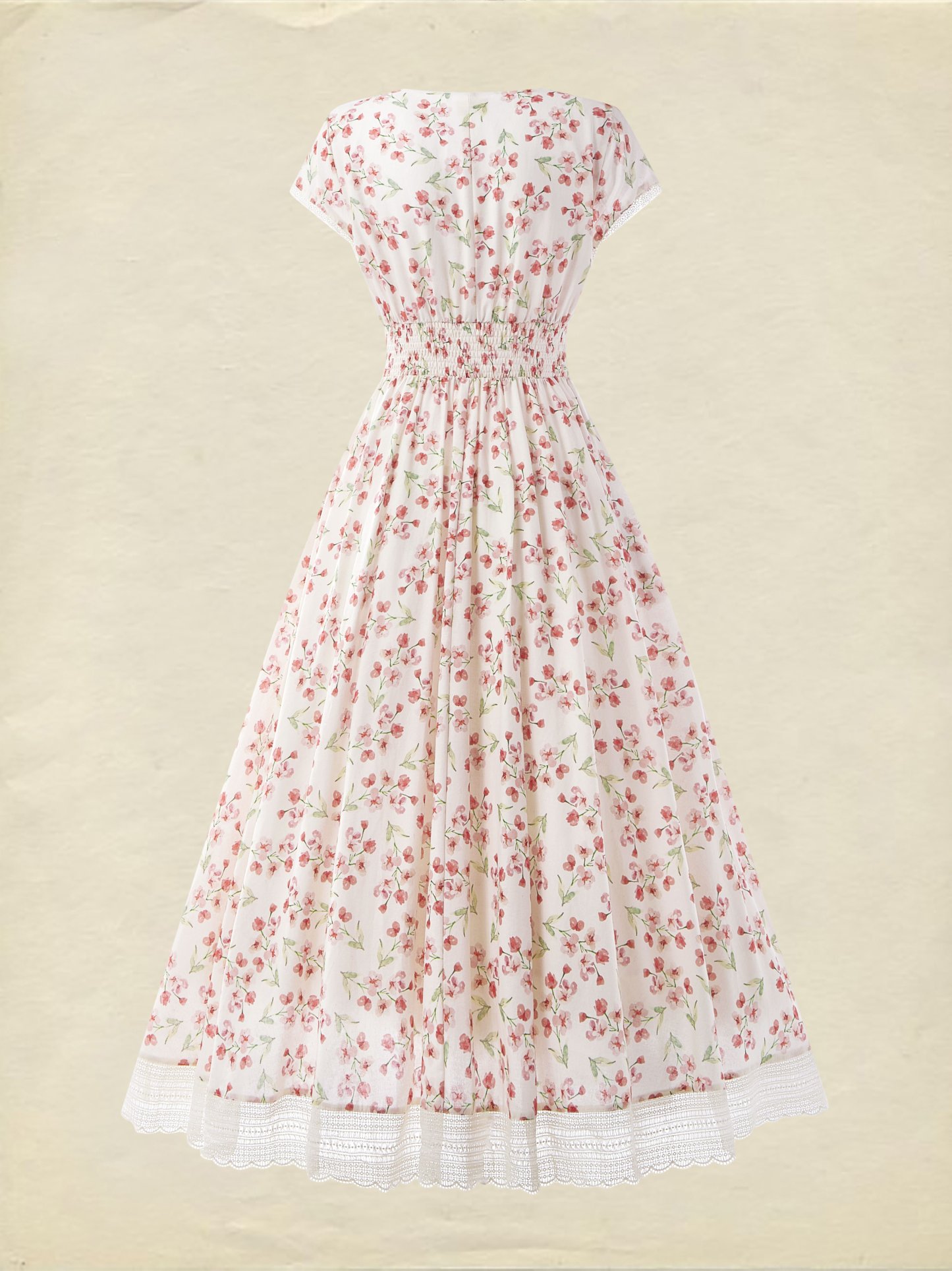 (SIZE:XS-XXL) Linen Maxi Dress, Short Sleeve, Lace Collar, Floral, Vintage, White - White