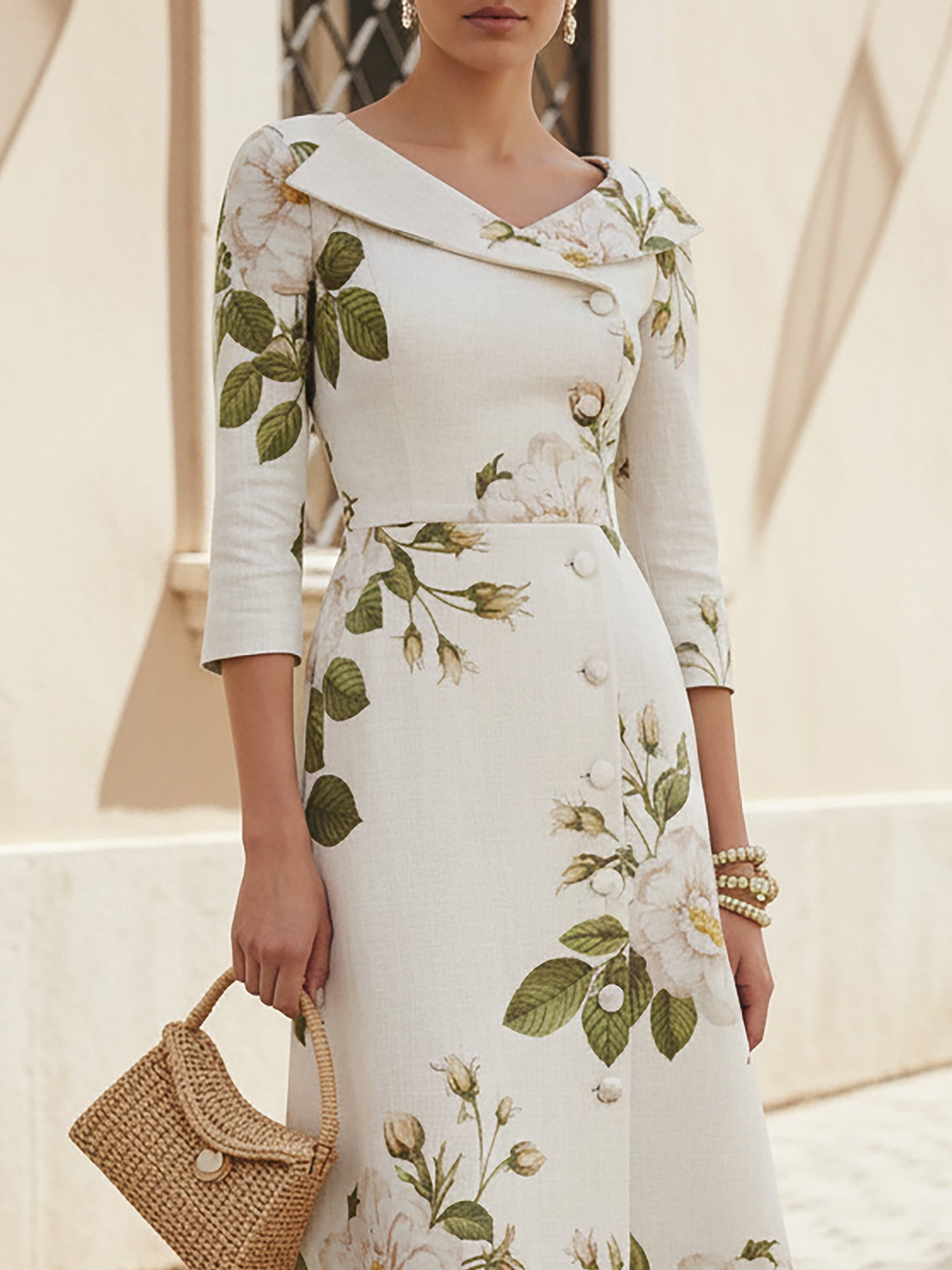 Midi Linen Dress, Half Sleeve, Shawl Collar, Floral, Button Design, Vintage, White - White