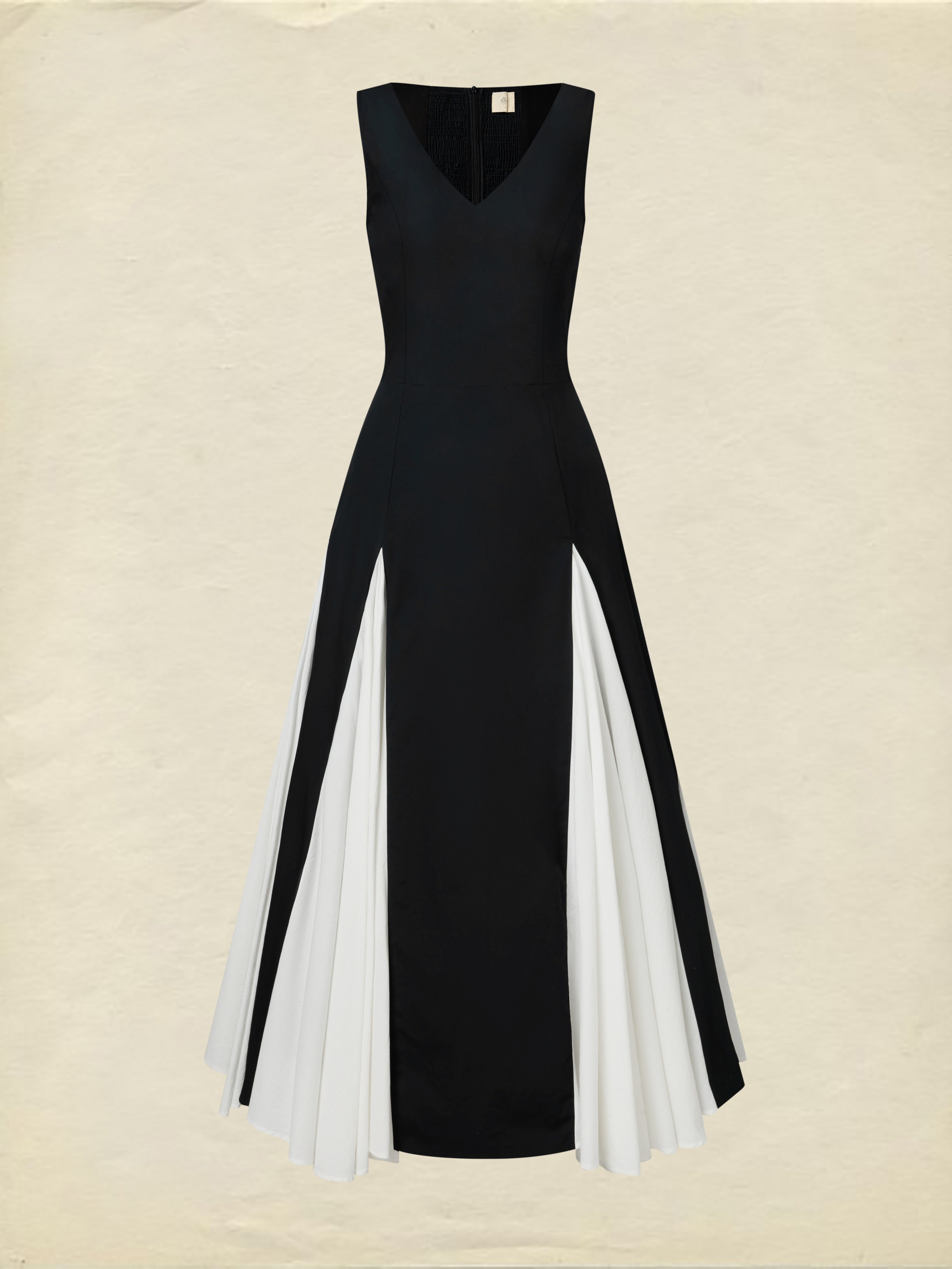 Maxi Cotton Dress, Sleeveless, V Neck, Plain, French Vintage, Black - Black