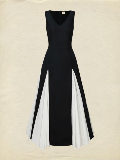 Maxi Cotton Dress, Sleeveless, V Neck, Plain, French Vintage, Black - Black