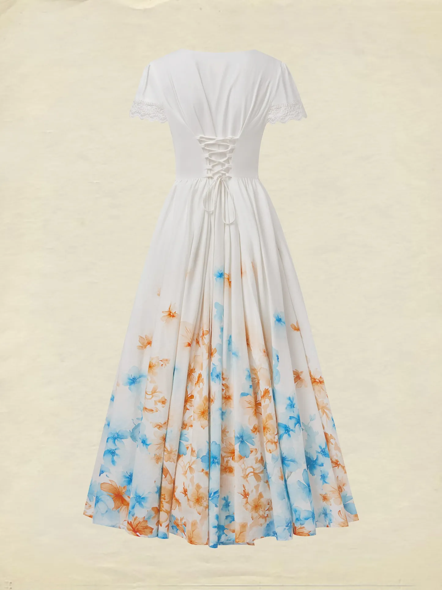 Linen Maxi Dress, Short Sleeve, Lace Collar, Floral, Vintage, White - White