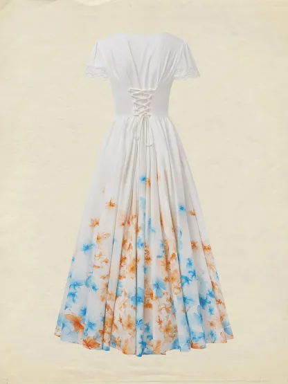 Linen Maxi Dress, Short Sleeve, Lace Collar, Floral, Vintage, White - White