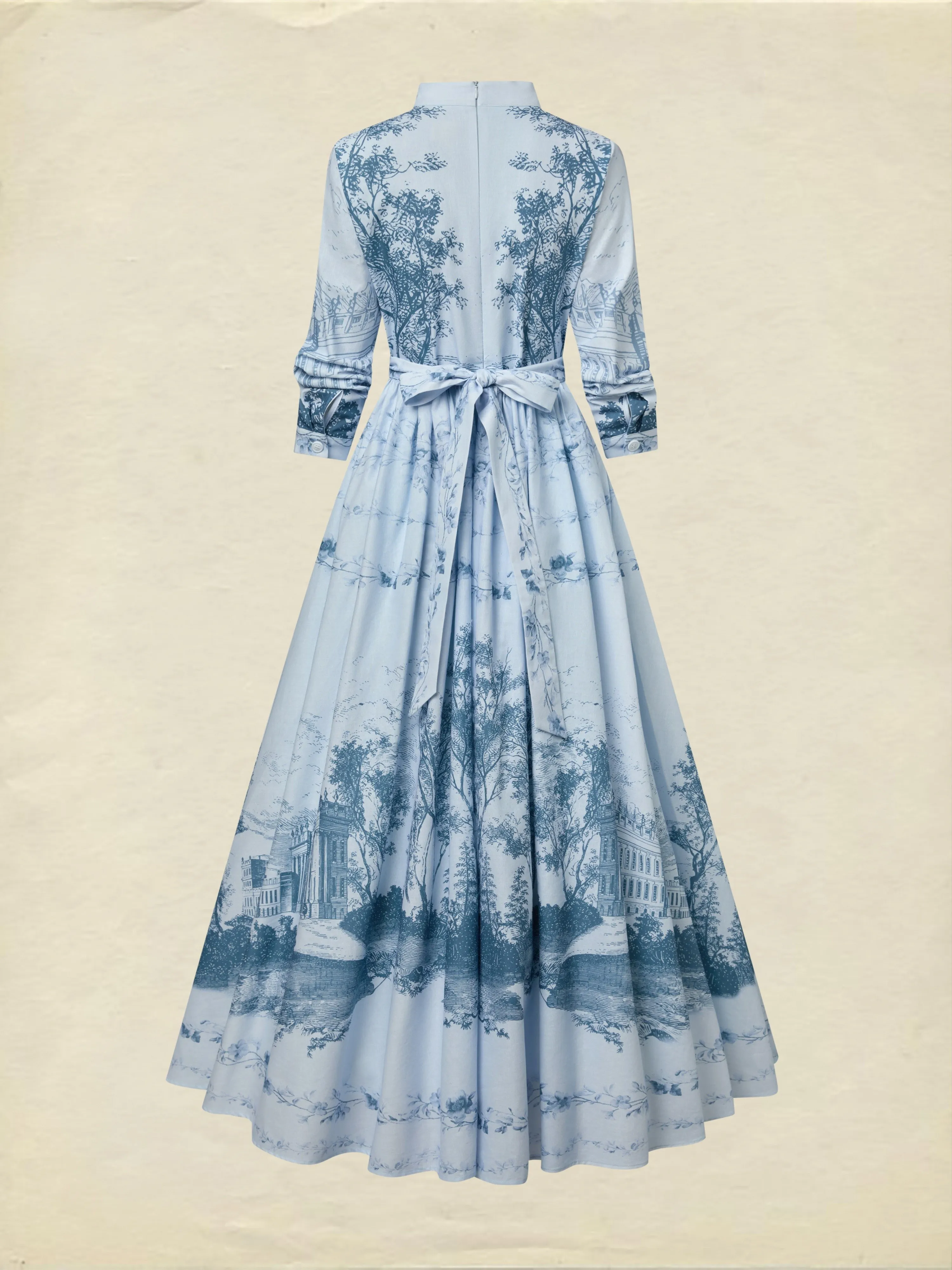 Maxi Cotton Dress, Long Sleeves, Stand Collar, Floral, Pocket Design, Vintage, Blue - Blue