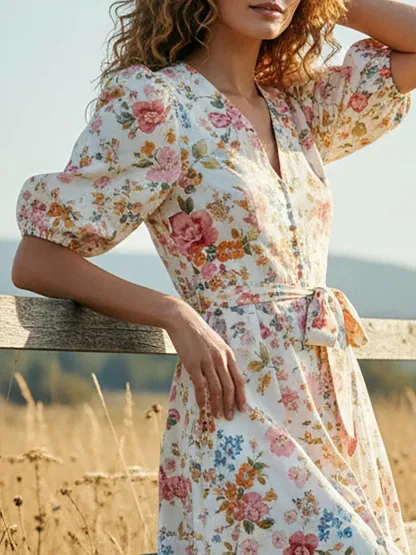 Maxi Linen Dress, Half Sleeve, V Neck, Floral, Button-decorated, Vacation, Vintage, White - White