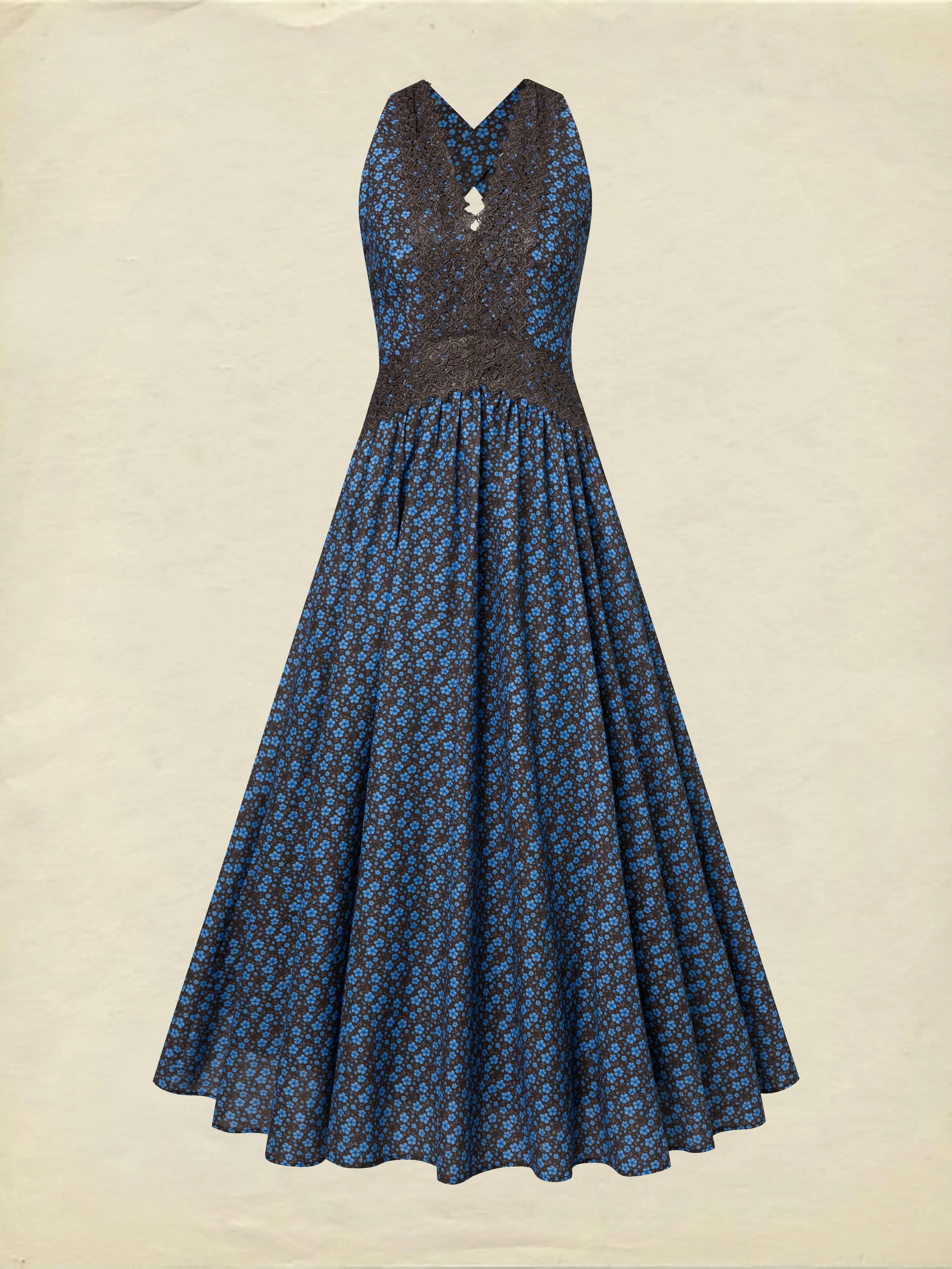 Maxi Cotton Dress, Sleeveless, V Neck, Floral, Lace, Vintage, Blue - Blue