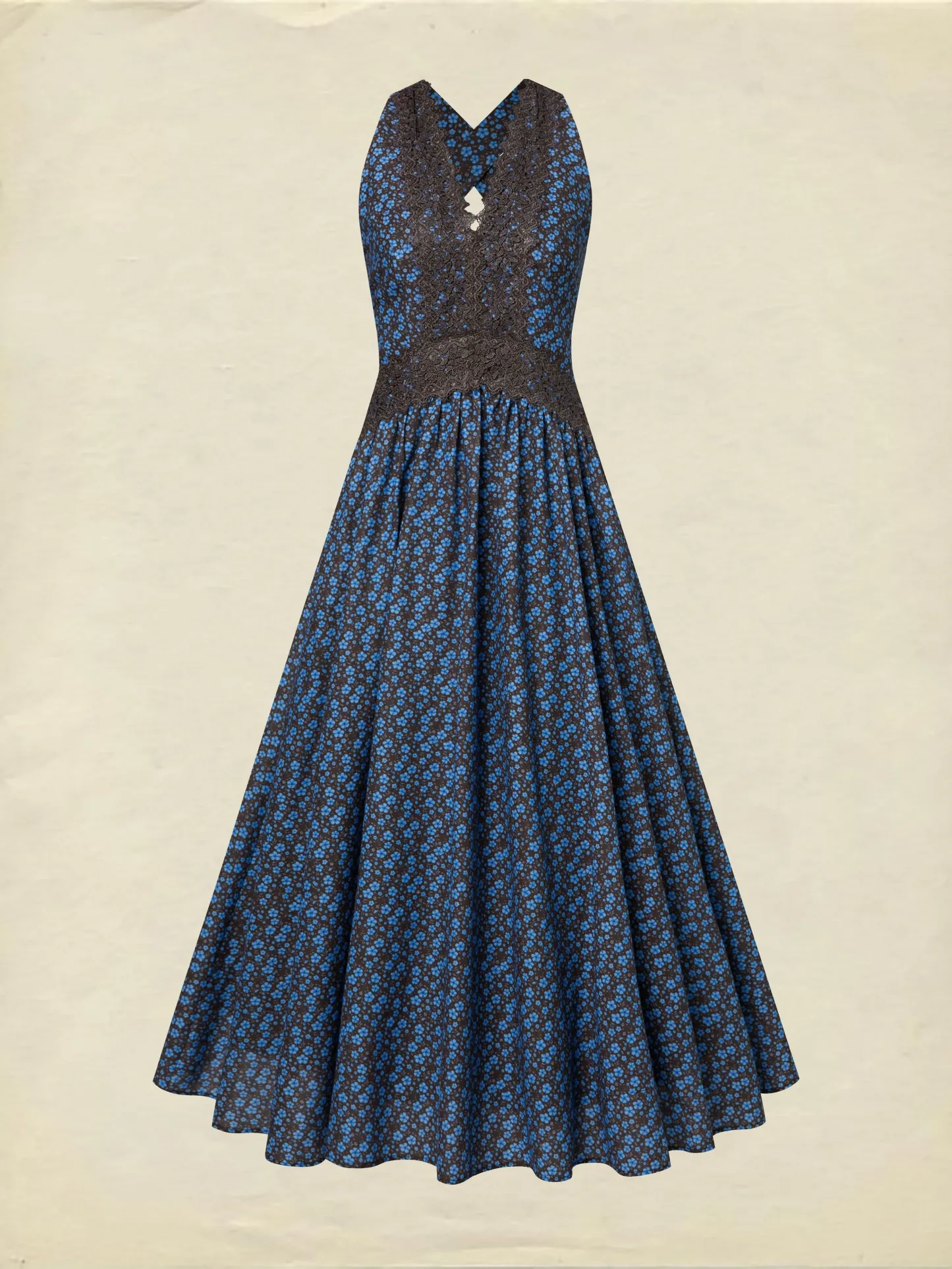 Maxi Cotton Dress, Sleeveless, V Neck, Floral, Lace, Vintage, Blue - Blue