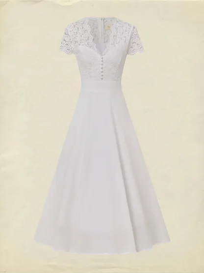 Midi Cotton Dress, Short Sleeves, Plain, Lace, Vacation, Vintage, White - White