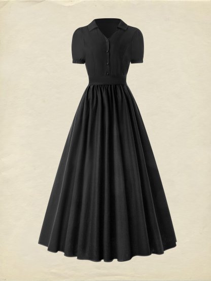Maxi Cotton Dress, Short Sleeve, Shawl Collar, Plain, Summer, Black - Black