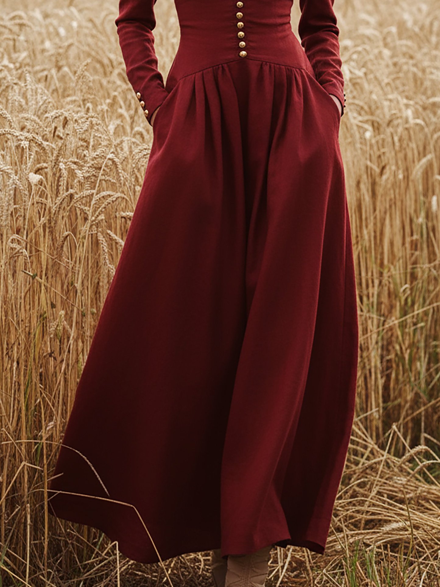Maxi Linen Dress, Long Sleeves, V Neck, Plain, Button Design, Vintage, Deep Red - Deep Red
