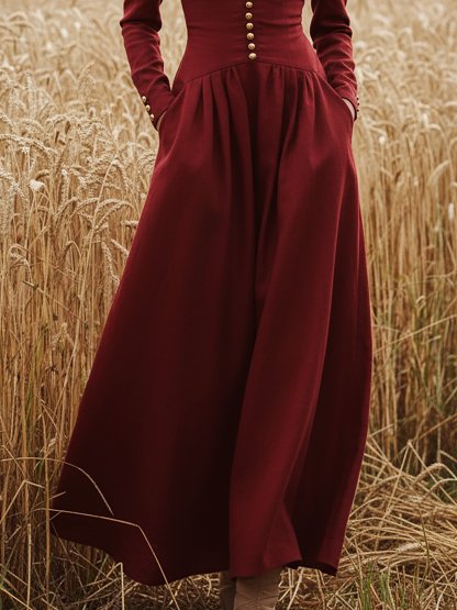 Maxi Linen Dress, Long Sleeves, V Neck, Plain, Button Design, Vintage, Deep Red - Deep Red